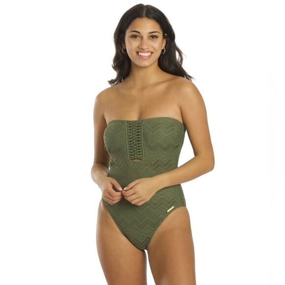 VINCE CAMUTO Crochet Bandeau One-Piece Swimsuit safari green New 8 - Picture 5 of 16